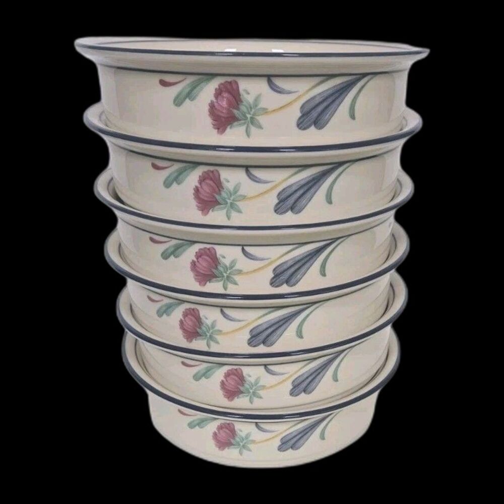 New Lenox Chinastone Poppies On Blue 6 1/4" Soup/Cereal Bowl Lot Of 6